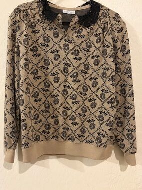 Eccobay Lace Collar Sweater Women Beige Black Floral Cottagecore Vintage- Size M